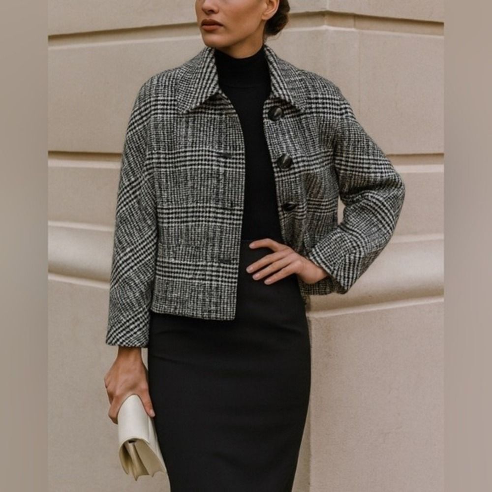 Talbots Womens Black Alpaca&Wool Plaid 3 Button‎ Blazer Coat sz 12 Career Preppy